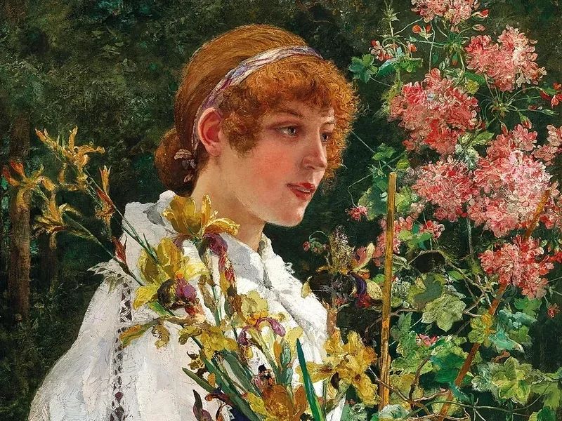 1853-Ernst Albert Fischer-Cörlin - Ragazza con gigli e cespuglio di gerani